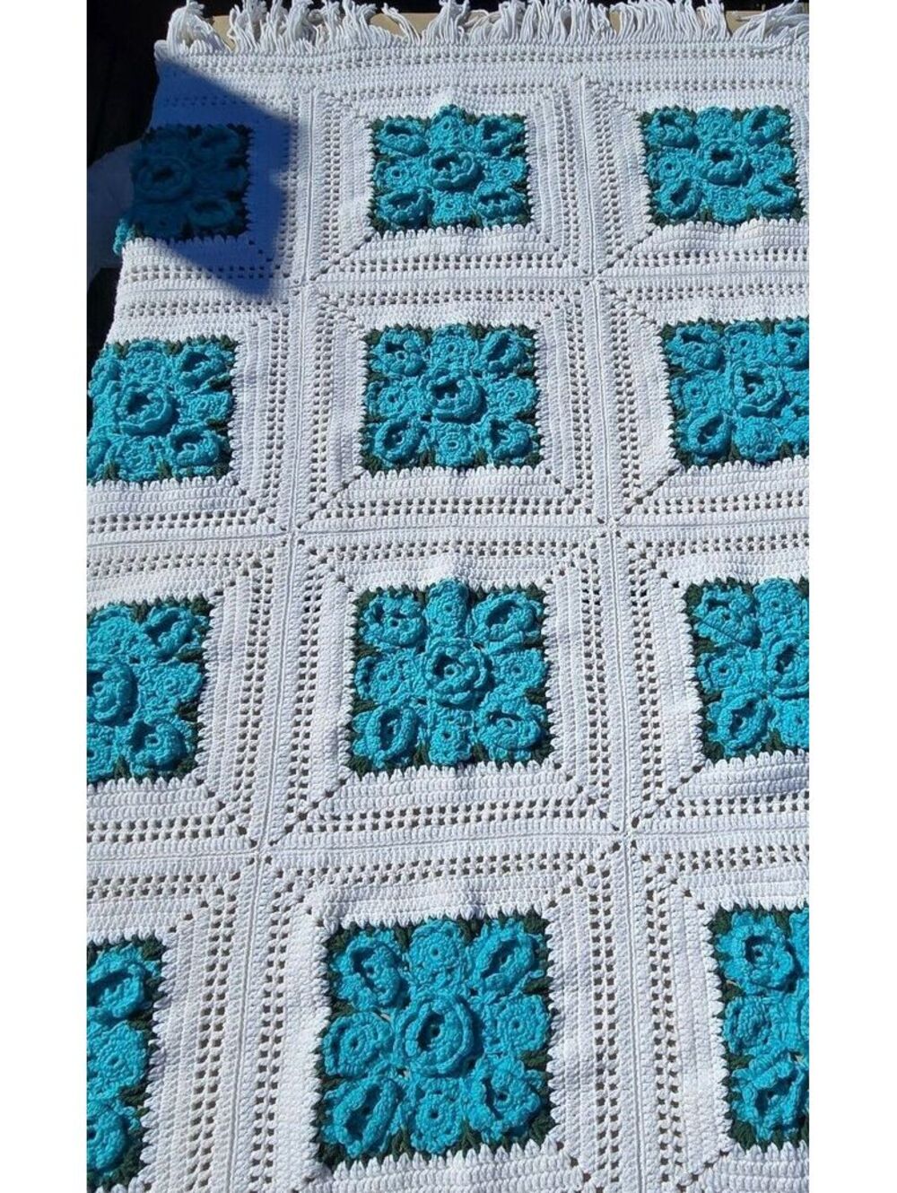 Vintage Handmade 3D 9-Rose Granny Square Crochet Afghan Blanket - 57" x 48"